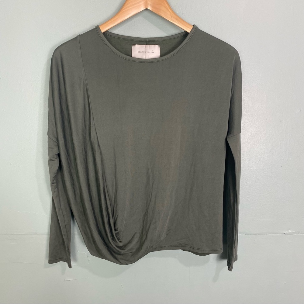 Brochu Walker Draped Long Sleeve Green Top Blouse Sz XS Silk